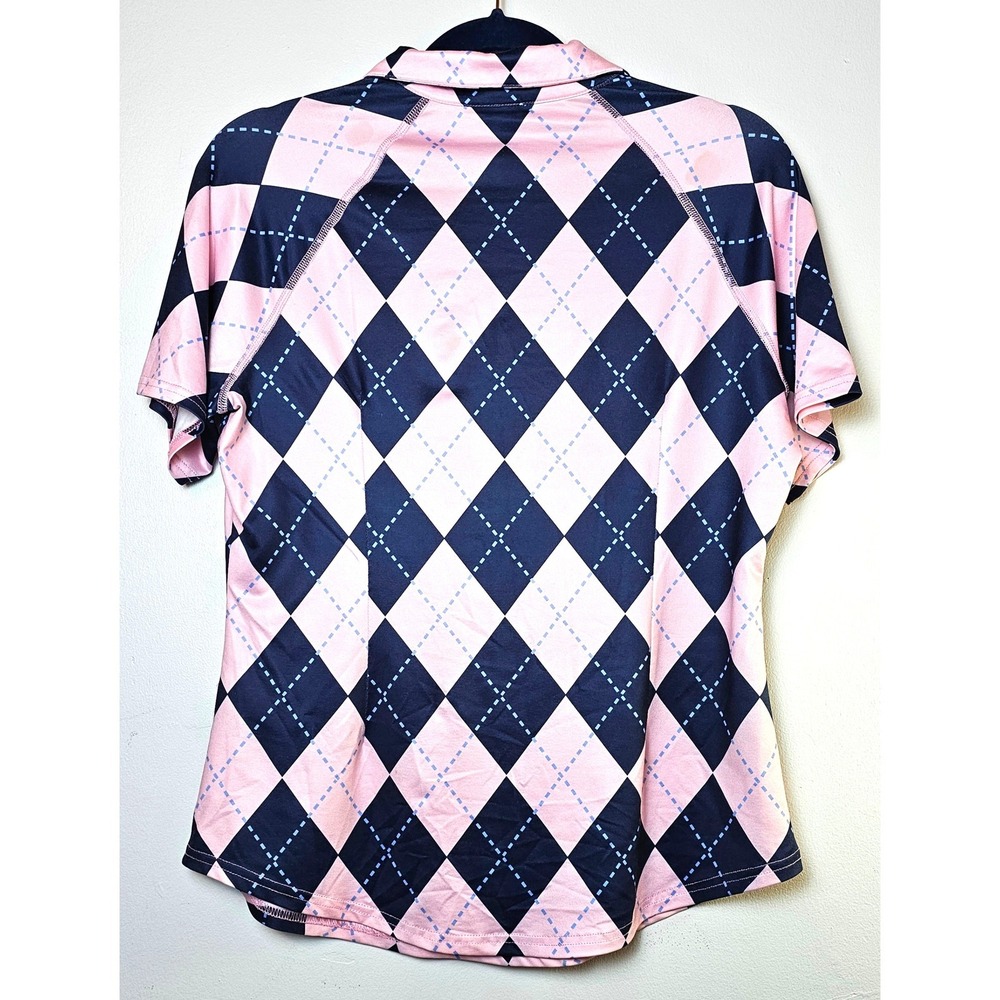 Womens‎ Pink Navy Argyle Quarter Zip Golf Polo Shirt Short Sleeve Active Top M - Picture 2 of 4